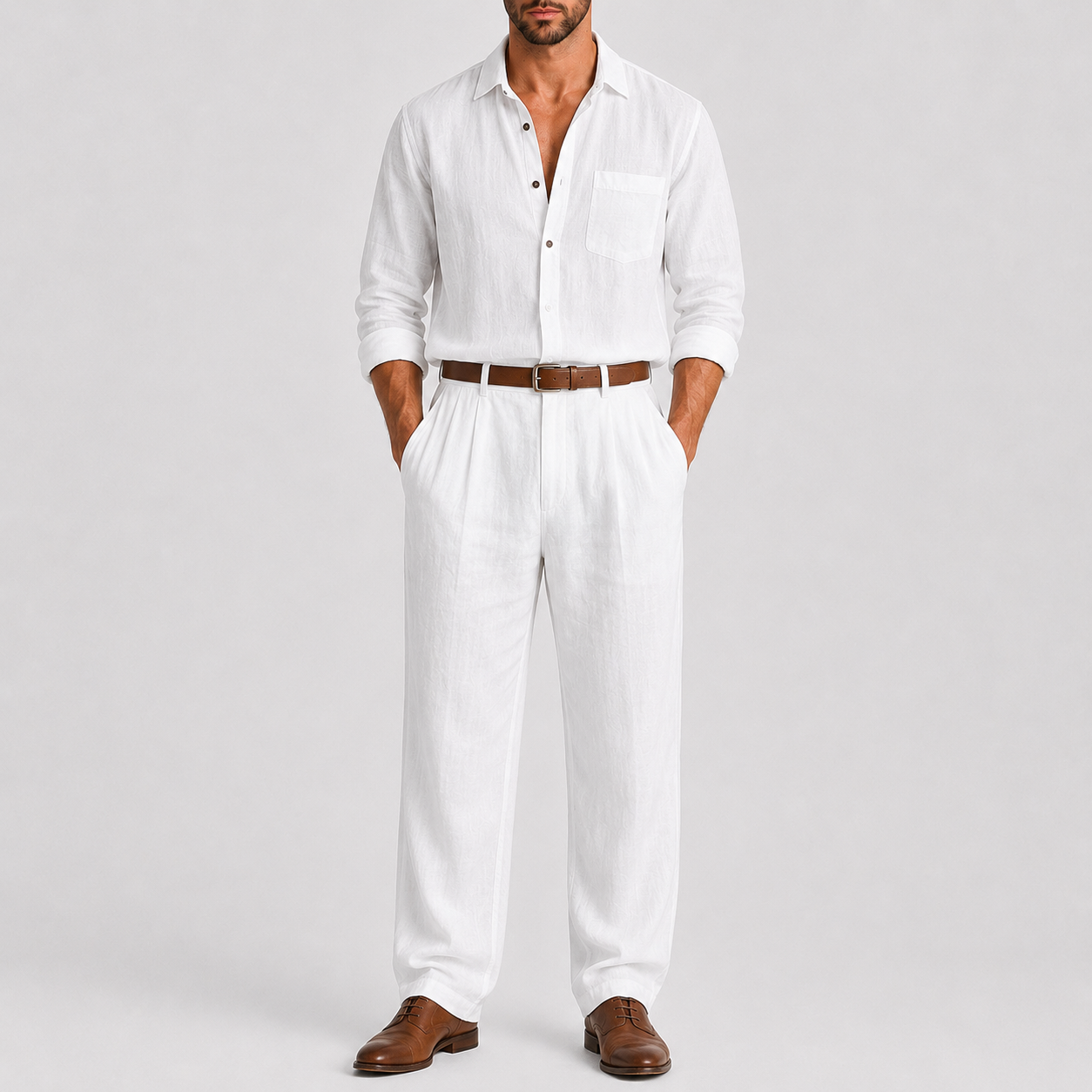 Men's Linen Suit with Mandarin Collar