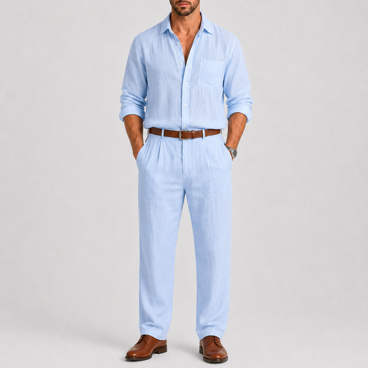Men's Linen Suit with Mandarin Collar