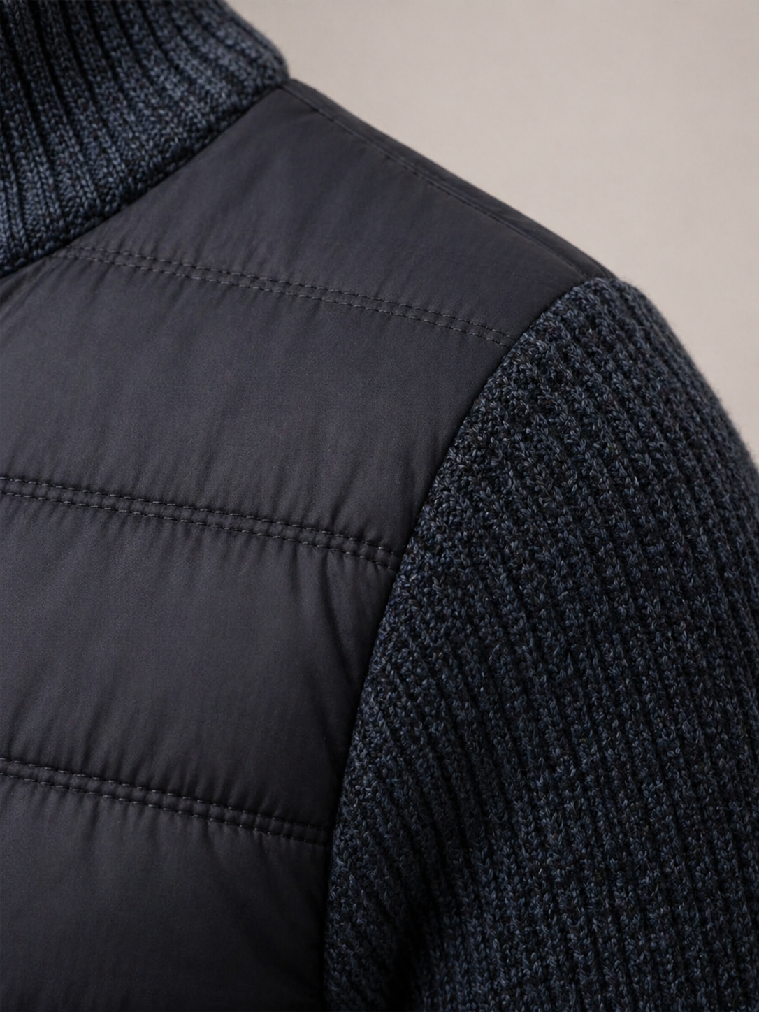 Men's Mid-Season Jacket with Quilted Front and Knitted Sleeves, Zip Closure
