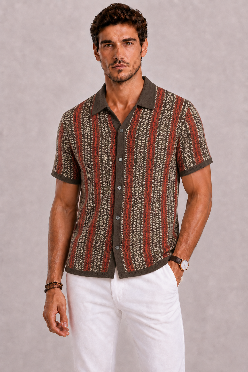 Men's Knitted Polo Shirt with Vertical Stripes