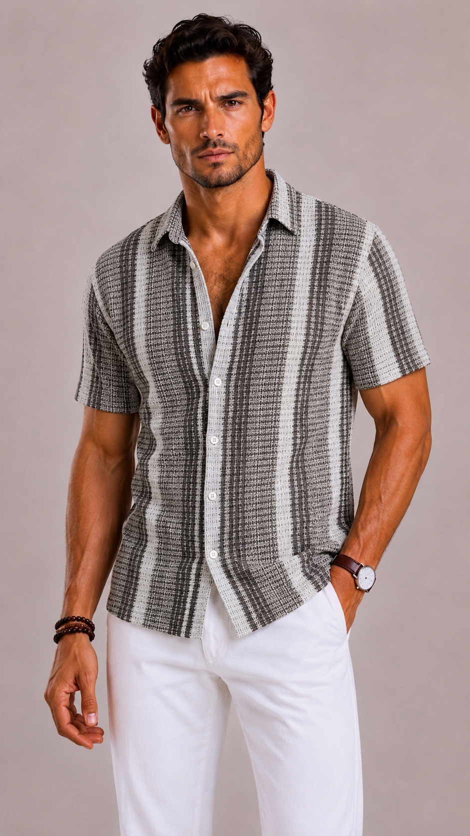 Men's Striped Short-Sleeved Shirt with Turned-Down Collar