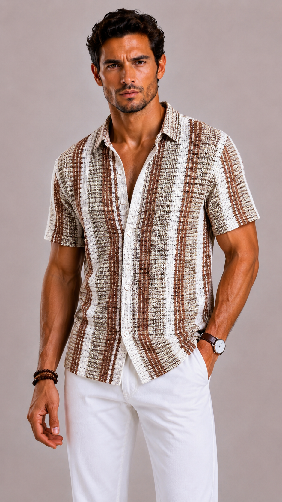 Men's Striped Short-Sleeved Shirt with Turned-Down Collar