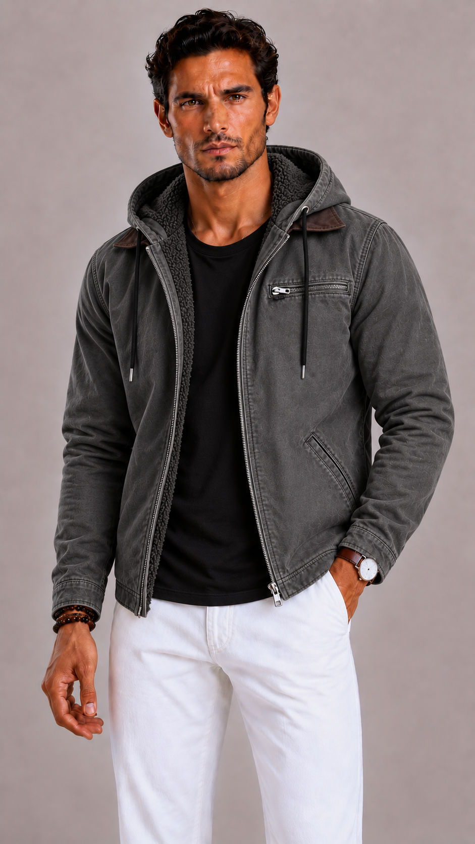 Men's mid-length winter coat with a quilted lining and zipper