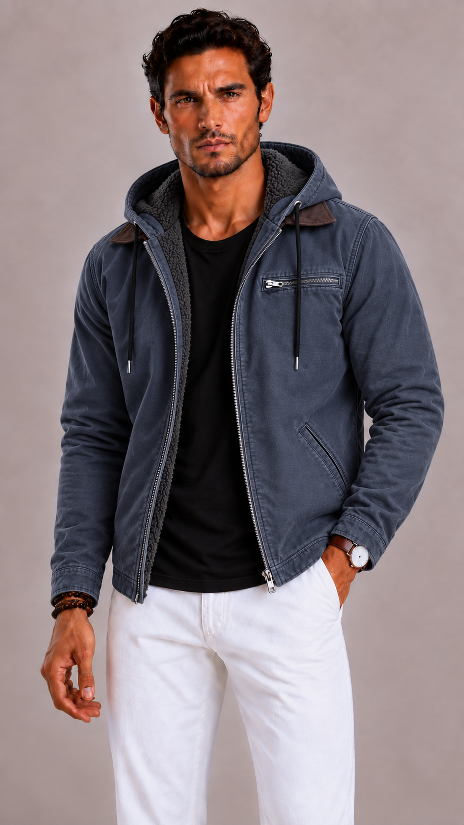Men's mid-length winter coat with a quilted lining and zipper