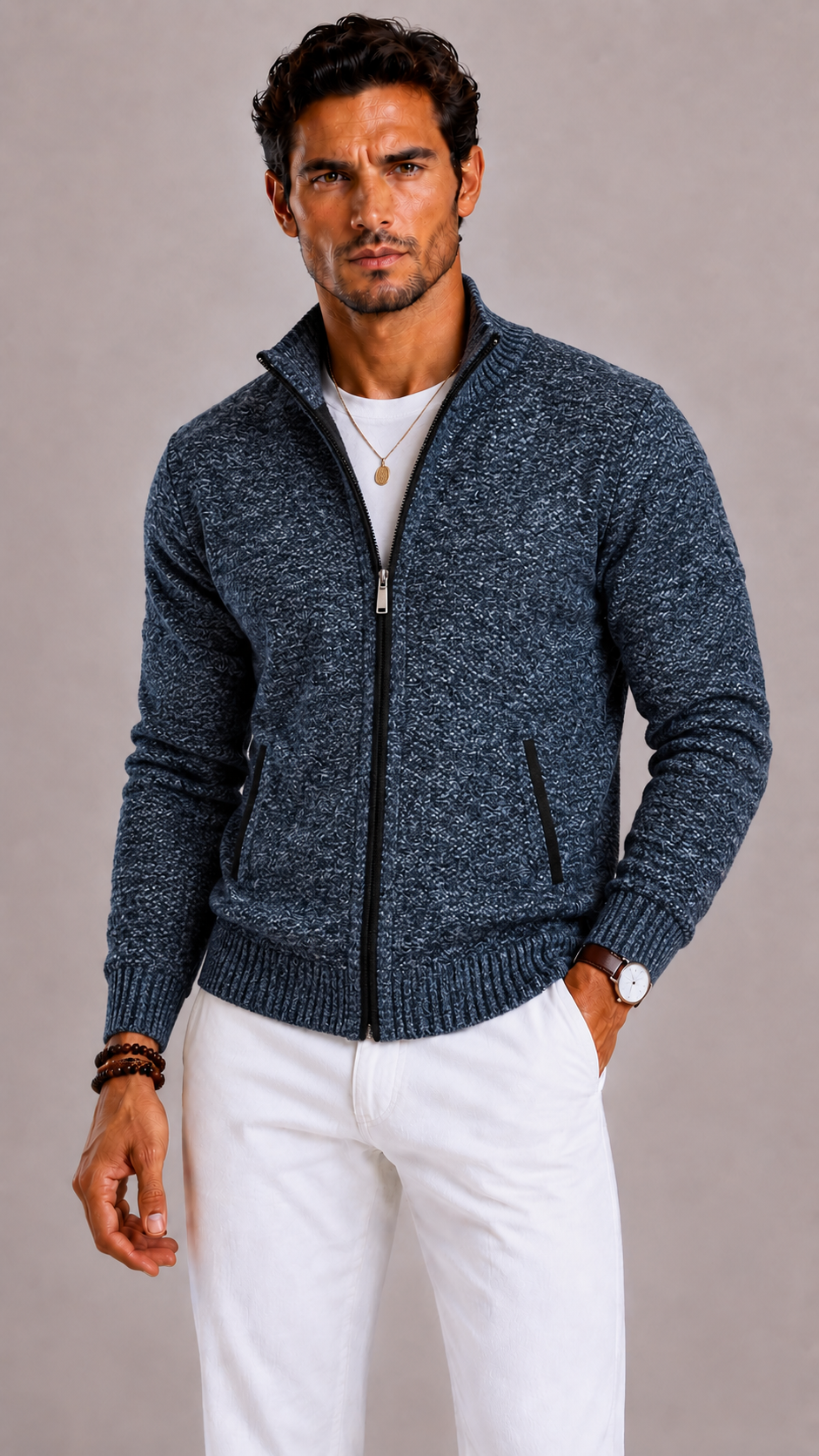Men's Gilet with Zip Fastening, Stand-Up Collar and Side Pockets