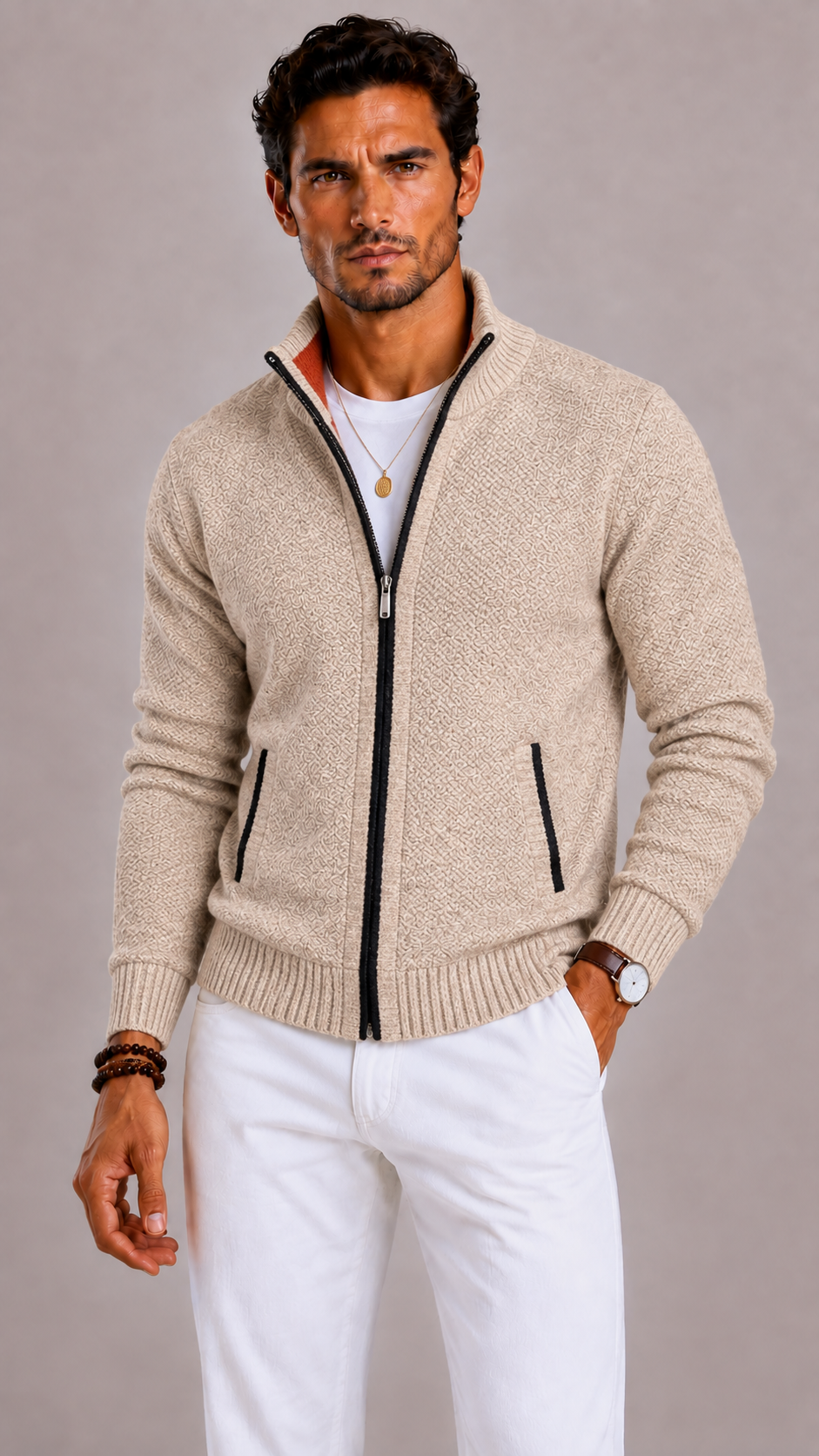 Men's Gilet with Zip Fastening, Stand-Up Collar and Side Pockets