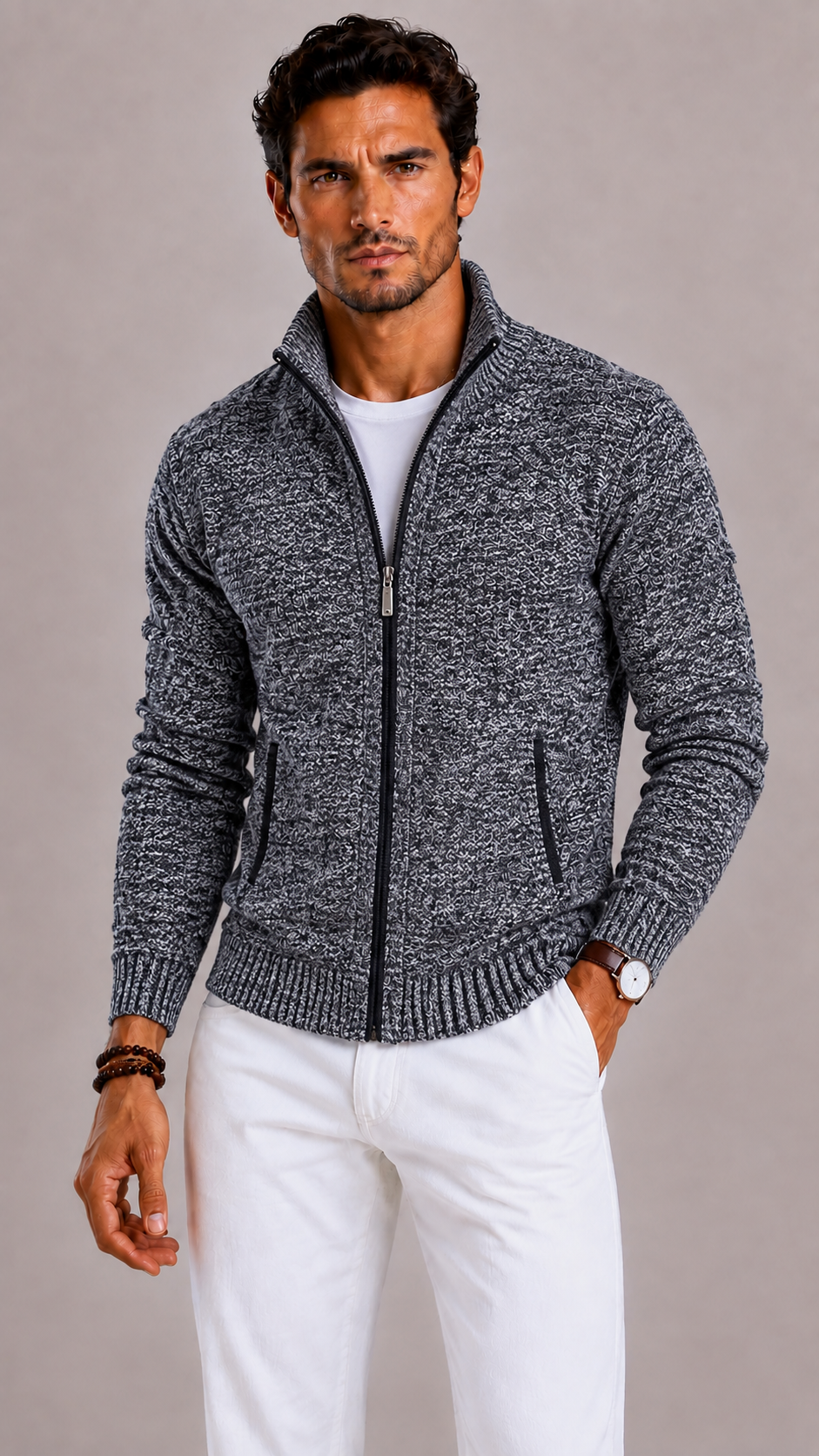Men's Gilet with Zip Fastening, Stand-Up Collar and Side Pockets