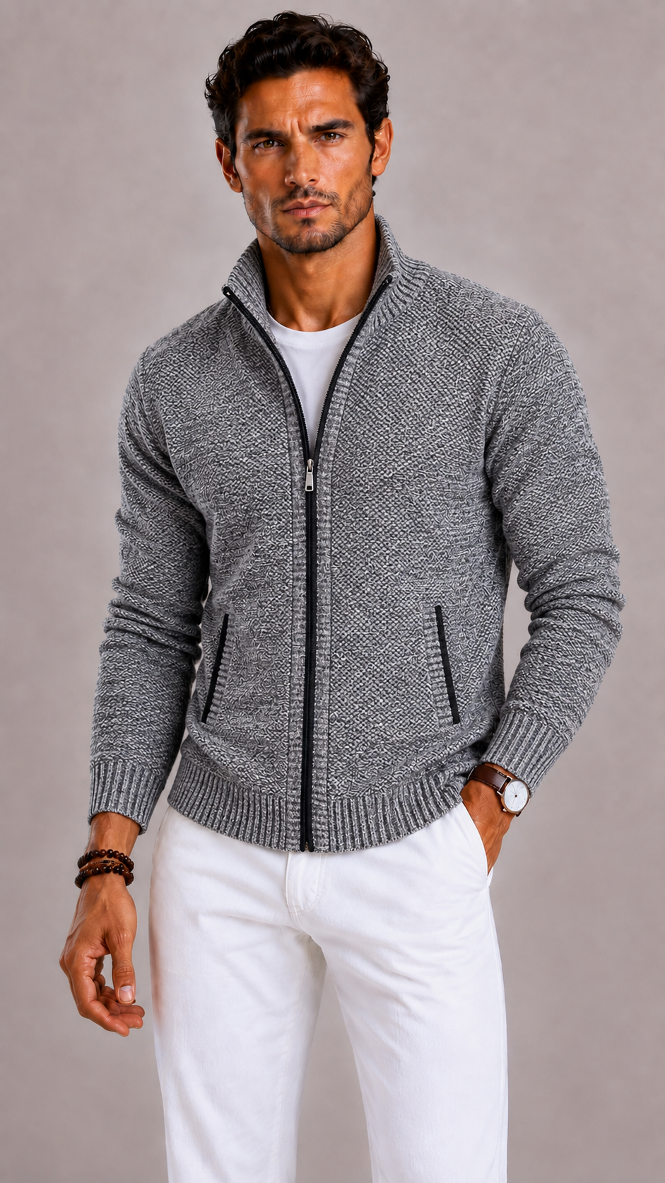 Men's vest with a zipper, a high collar, and side pockets