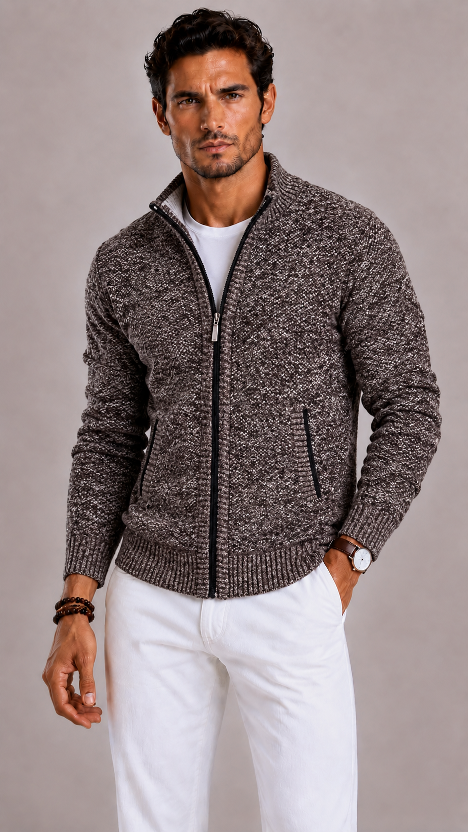 Men's Gilet with Zip Fastening, Stand-Up Collar and Side Pockets