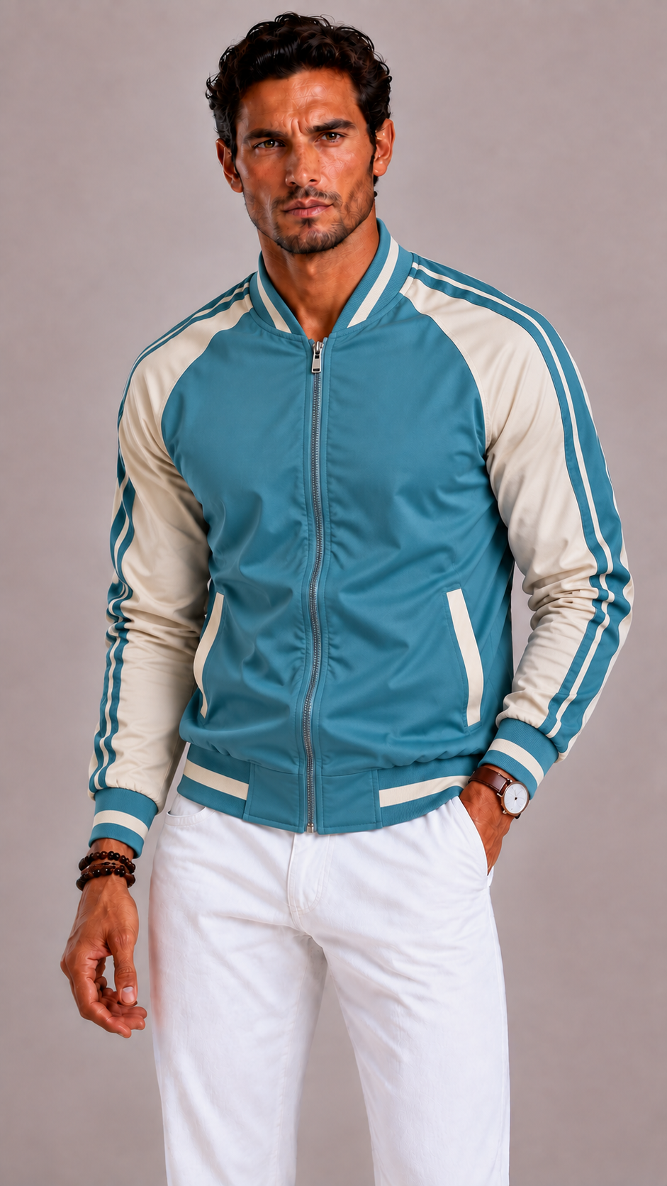 Men's sports jacket with color blocks and a baseball collar