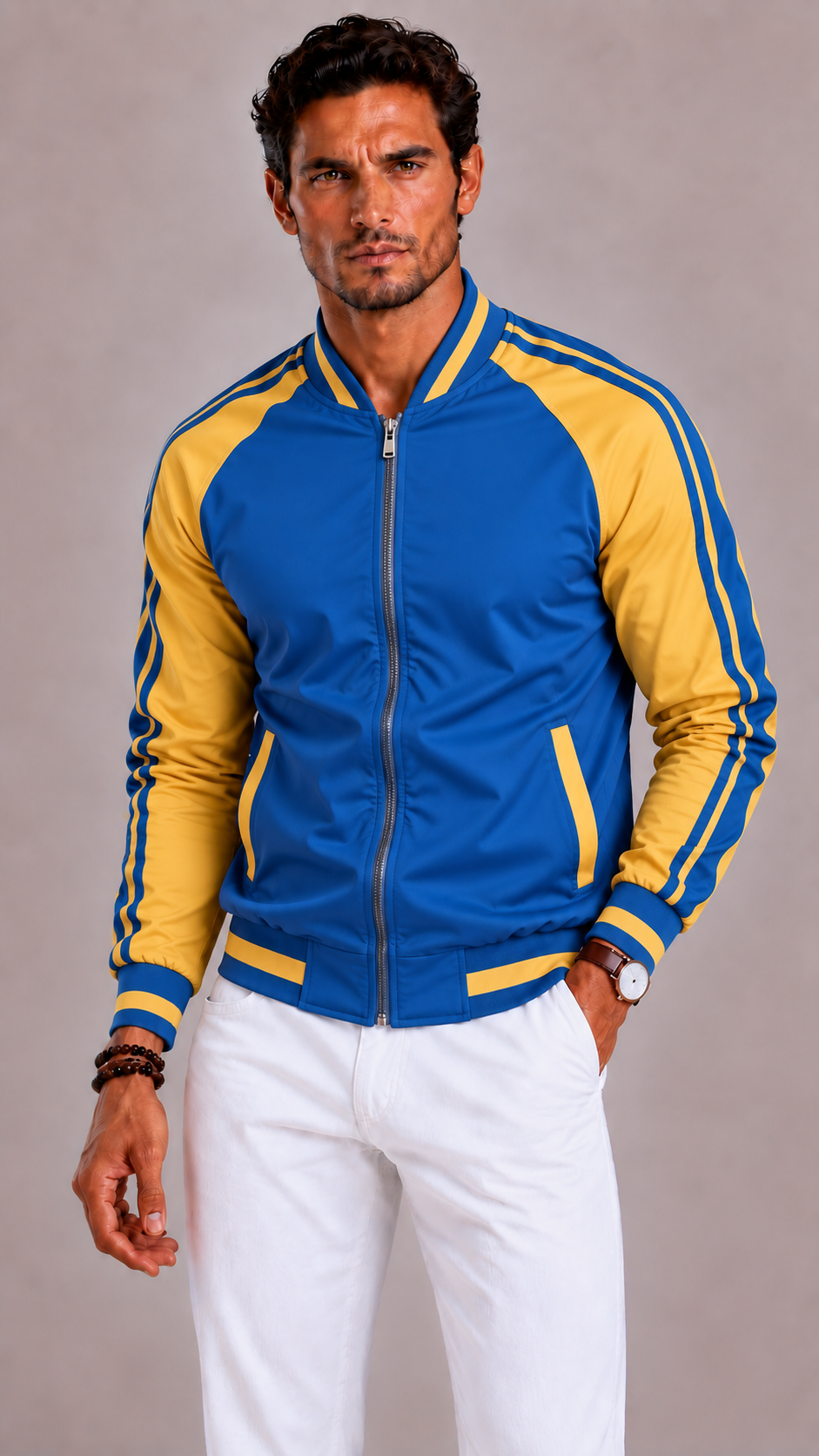 Men's sports jacket with color blocks and a baseball collar