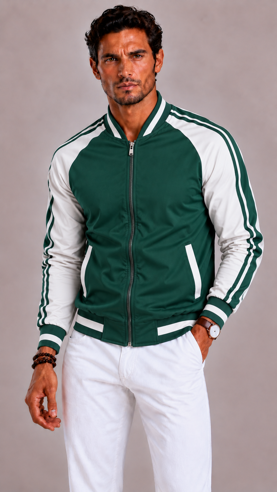 Men's Sports Jacket with Colour Blocks and Baseball Collar