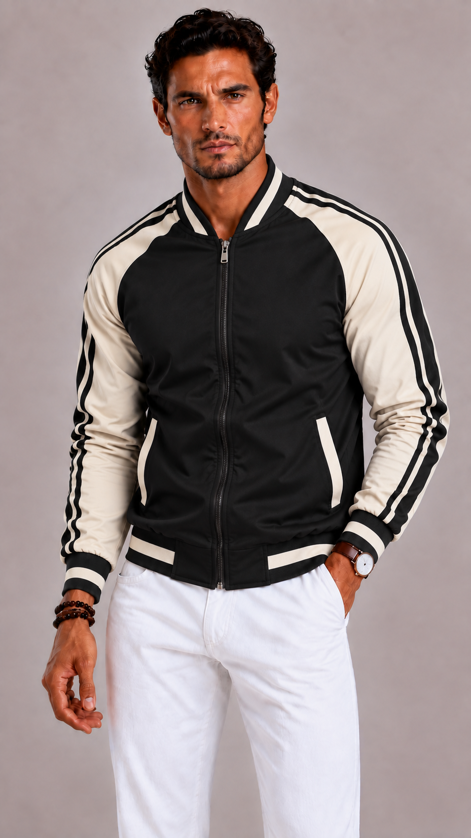 Men's sports jacket with color blocks and a baseball collar