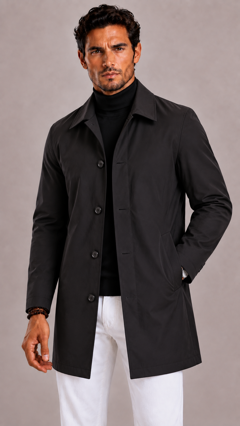 Men's trench coat with a classic stand-up collar and button closure