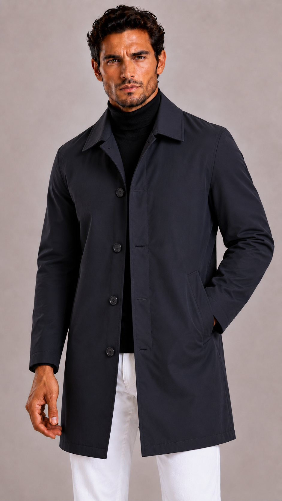 Men's trench coat with a classic stand-up collar and button closure