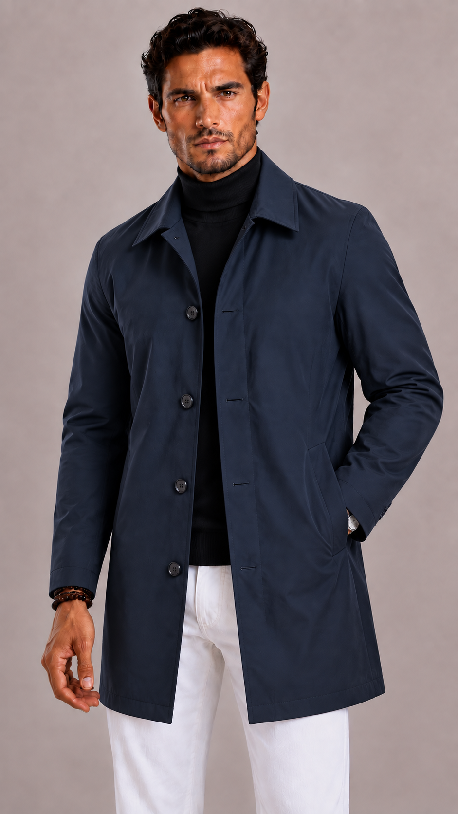 Men's Trench Coat with Classic Collar and Button Closure