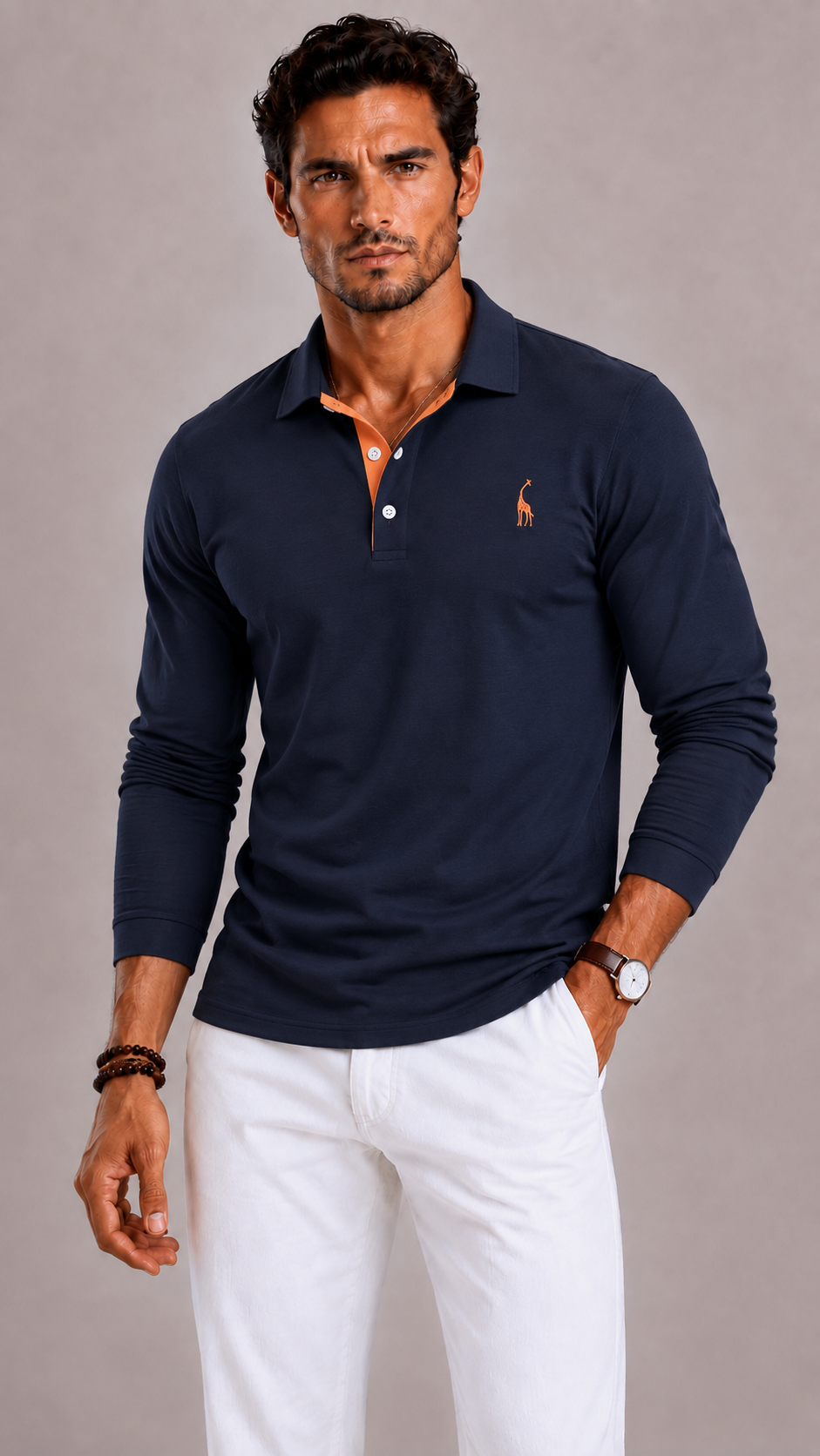 Men's Polo Shirt with Long Sleeves, V-Neck and Button Closure
