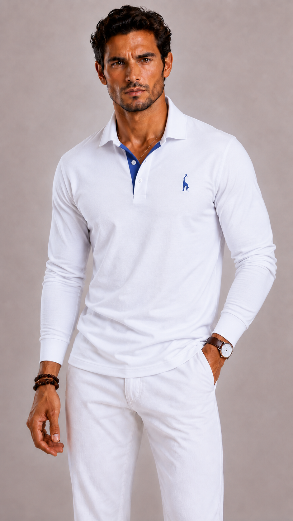 Men's Polo Shirt with Long Sleeves, V-Neck and Button Closure