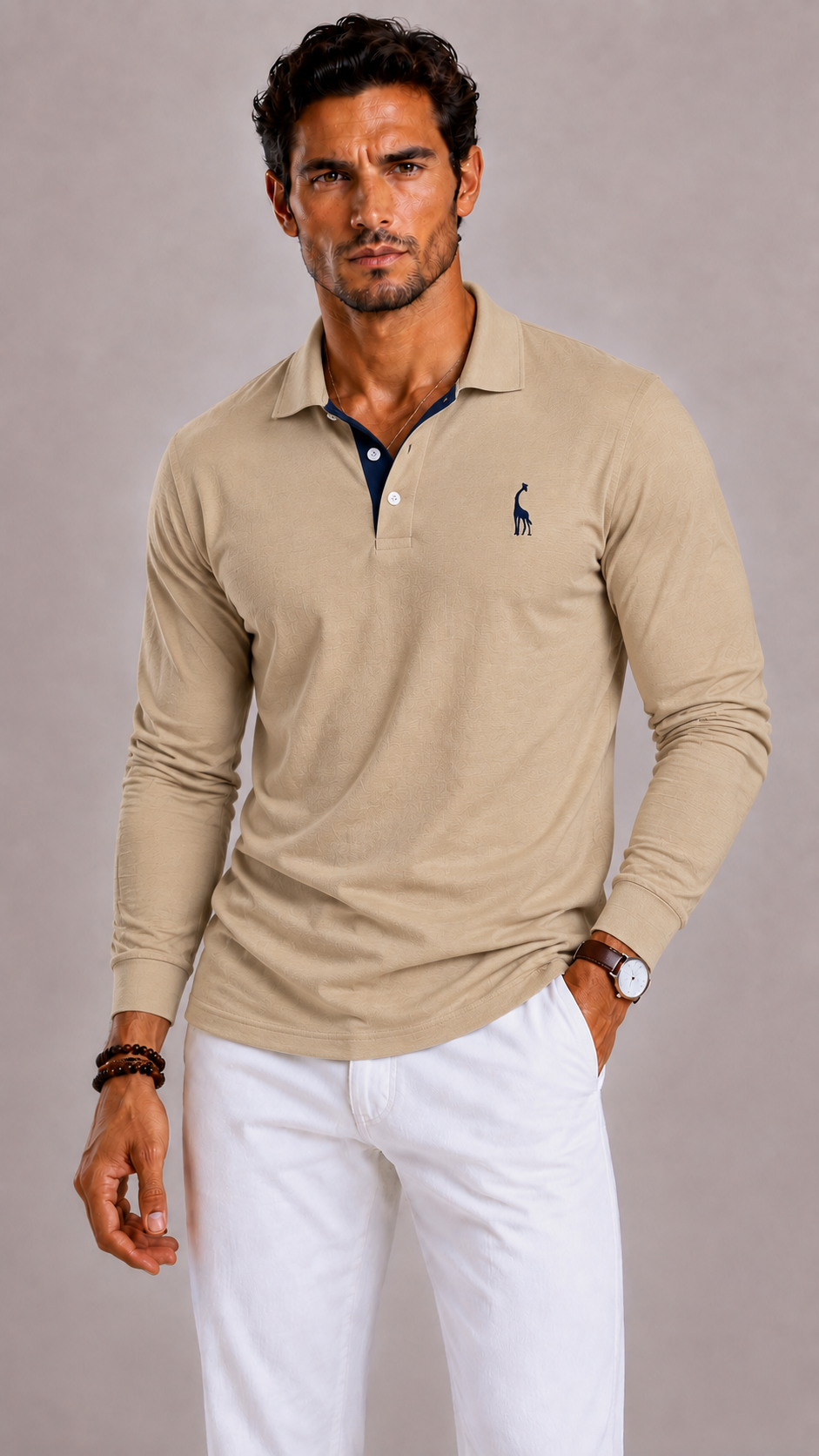 Men's Polo Shirt with Long Sleeves, V-Neck and Button Closure