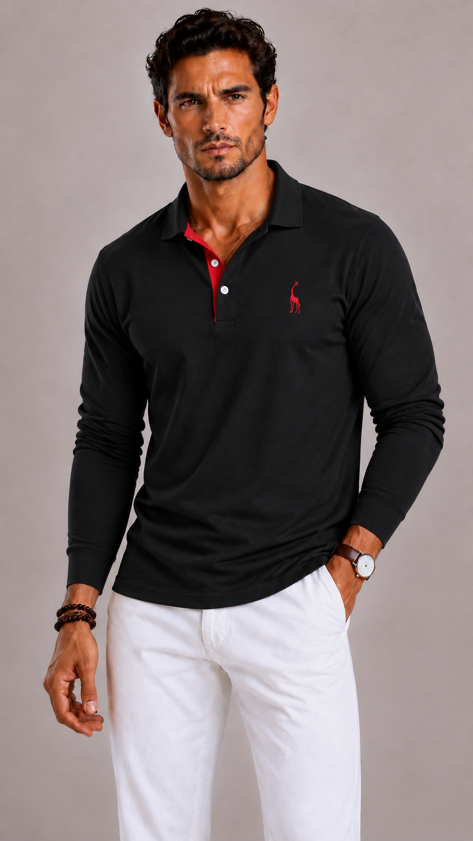 Men's Polo Shirt with Long Sleeves, V-Neck and Button Closure