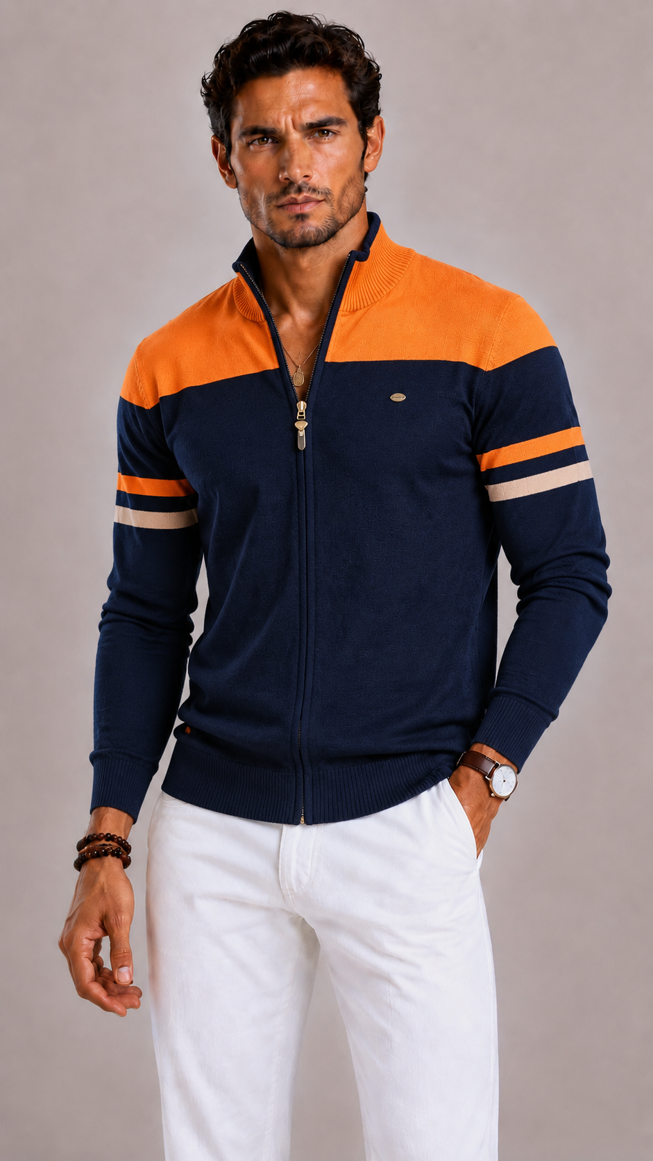 Men's zip-up vest with a high collar and contrasting sleeves