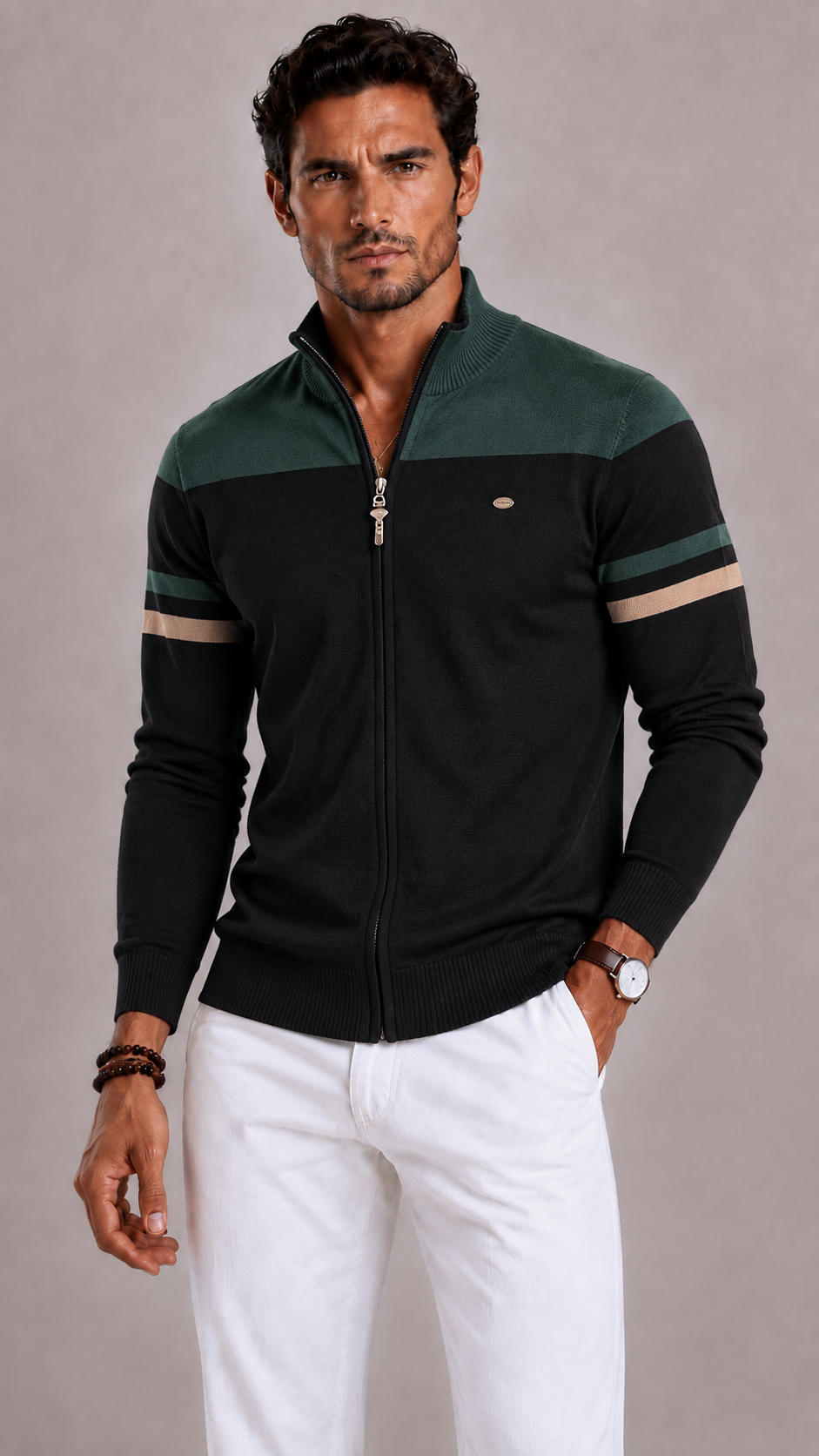 Men's Zip-Up Gilet with Mock Neck and Contrasting Sleeves