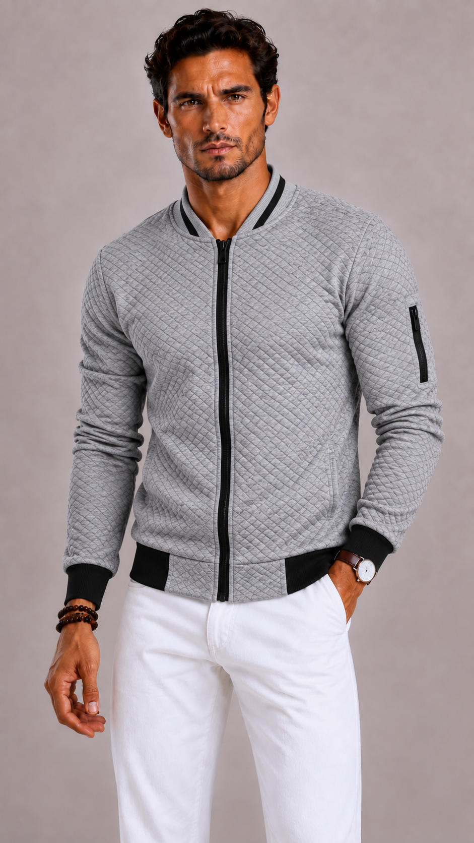 Men's padded vest with a mandarin collar and a sleeve pocket