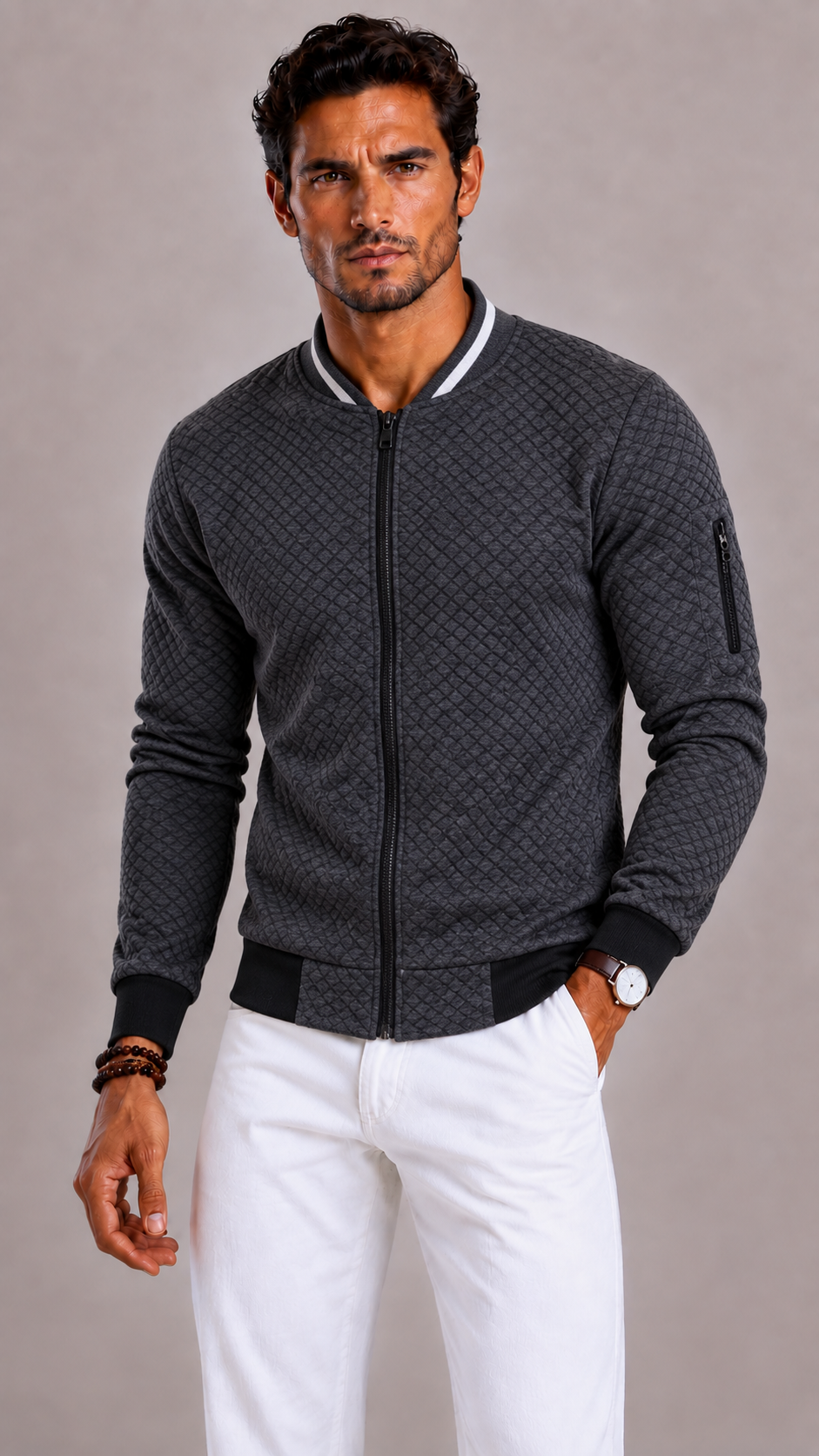Men's Padded Gilet with Mandarin Collar and Sleeve Pocket