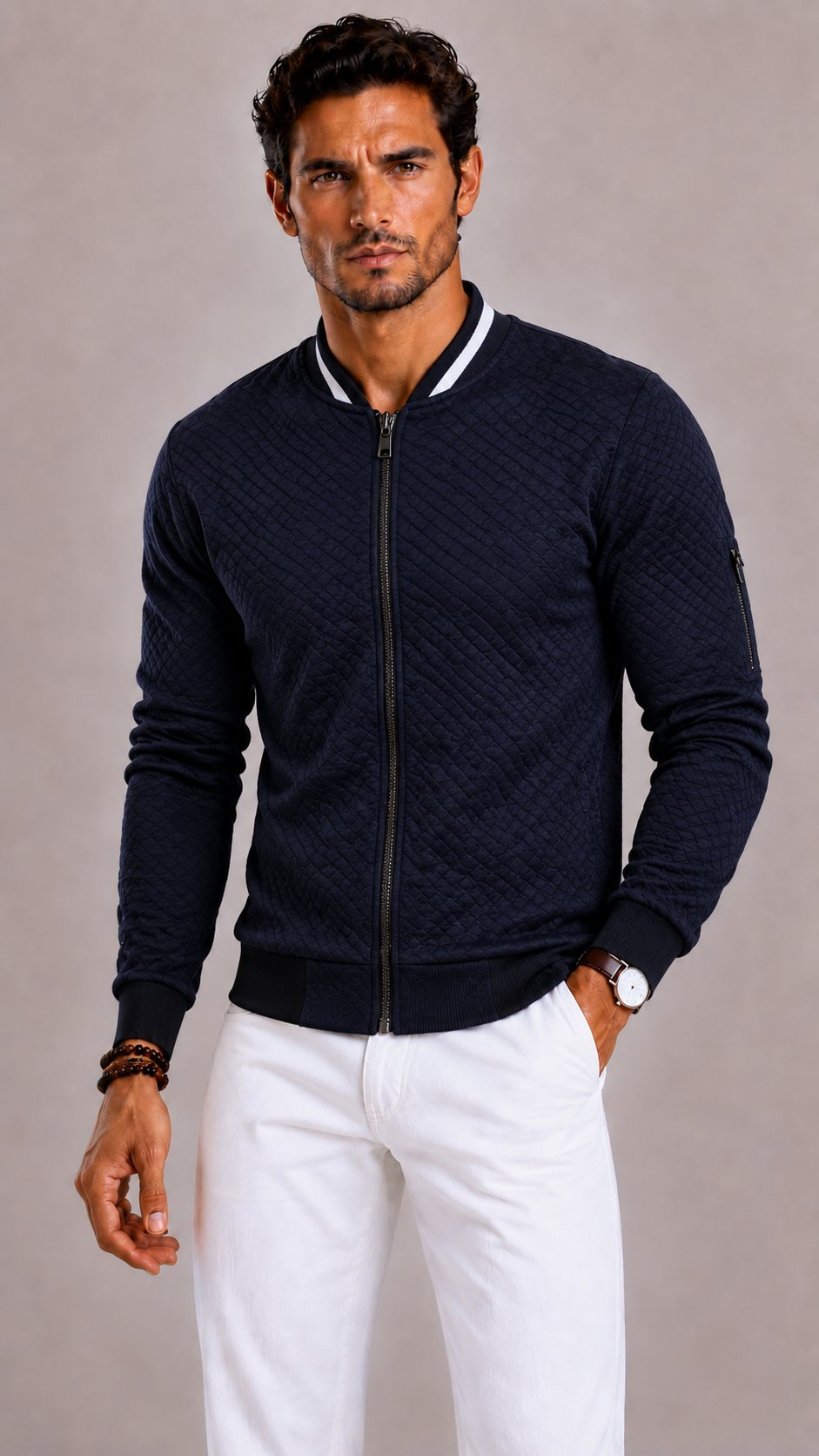 Men's padded vest with a mandarin collar and a sleeve pocket