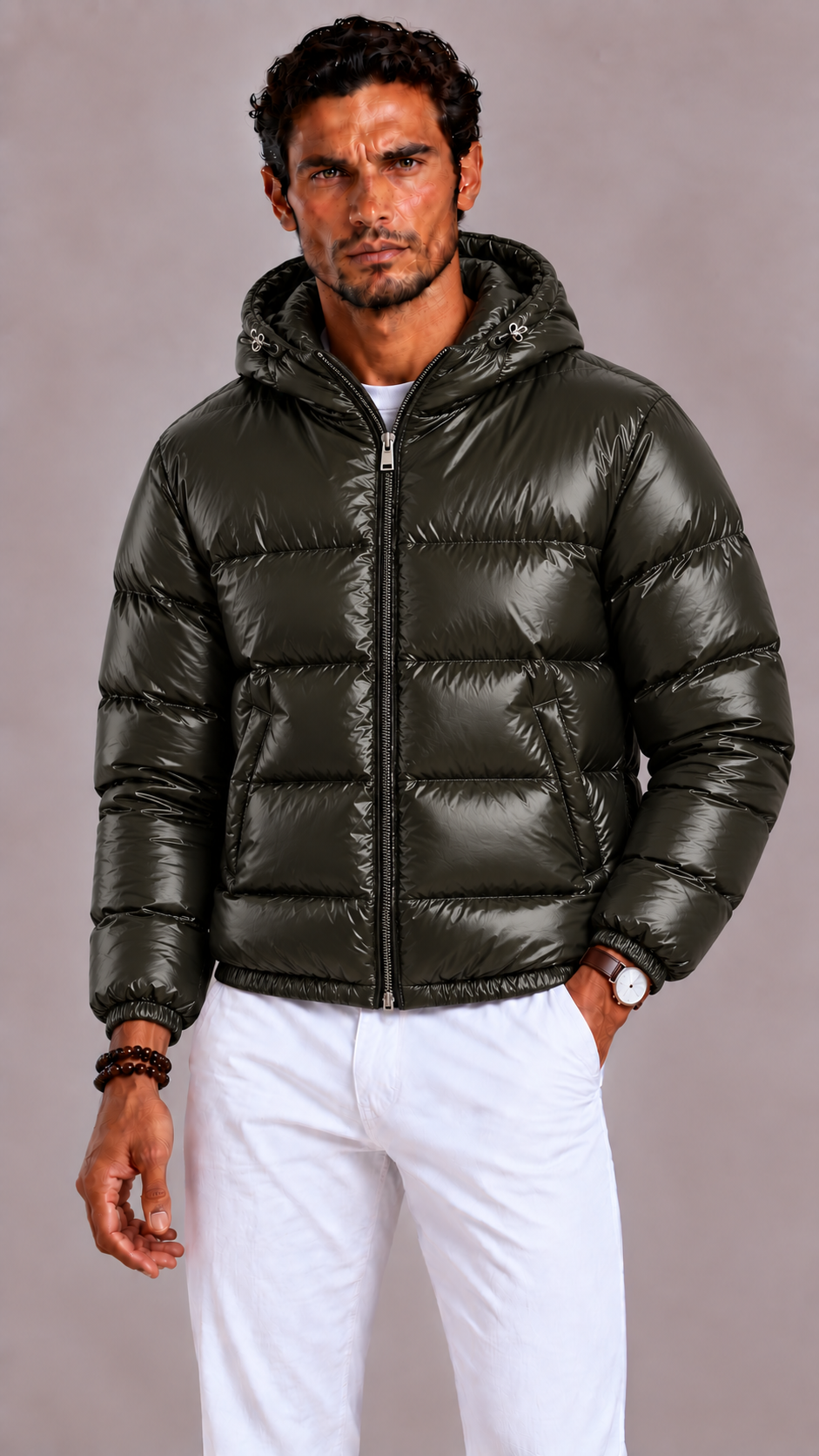 Men's quilted down jacket with hood and high collar