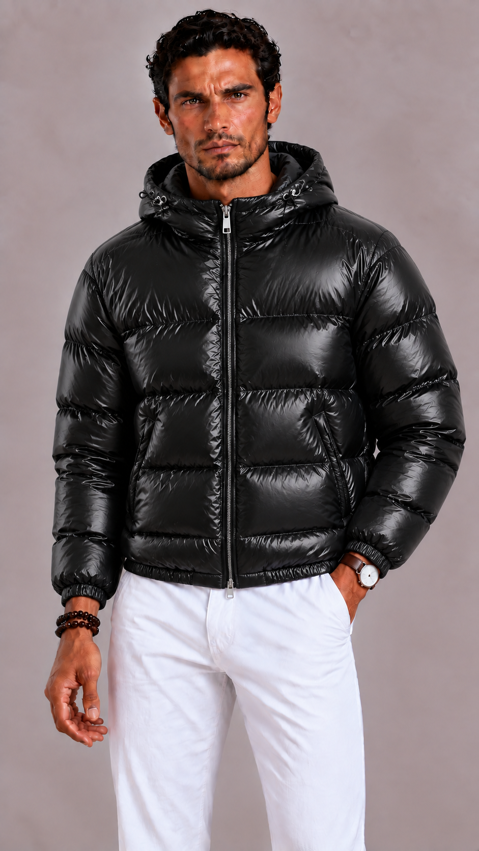 Men's Padded Puffer Jacket with Hood and High Collar