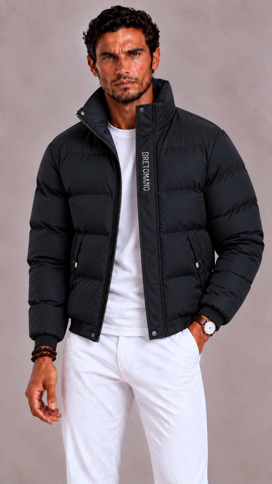 Men's Winter Jacket with High Collar, Hood and Multiple Pockets
