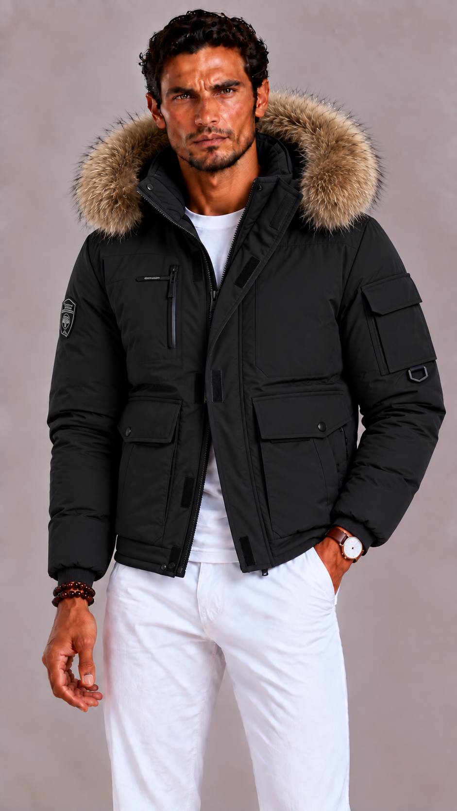 Men's winter coat with a removable hood and multiple pockets