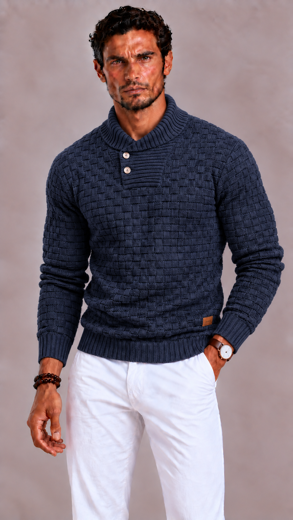 Men's Knitted Sweater with Round Neck and Regular Fit