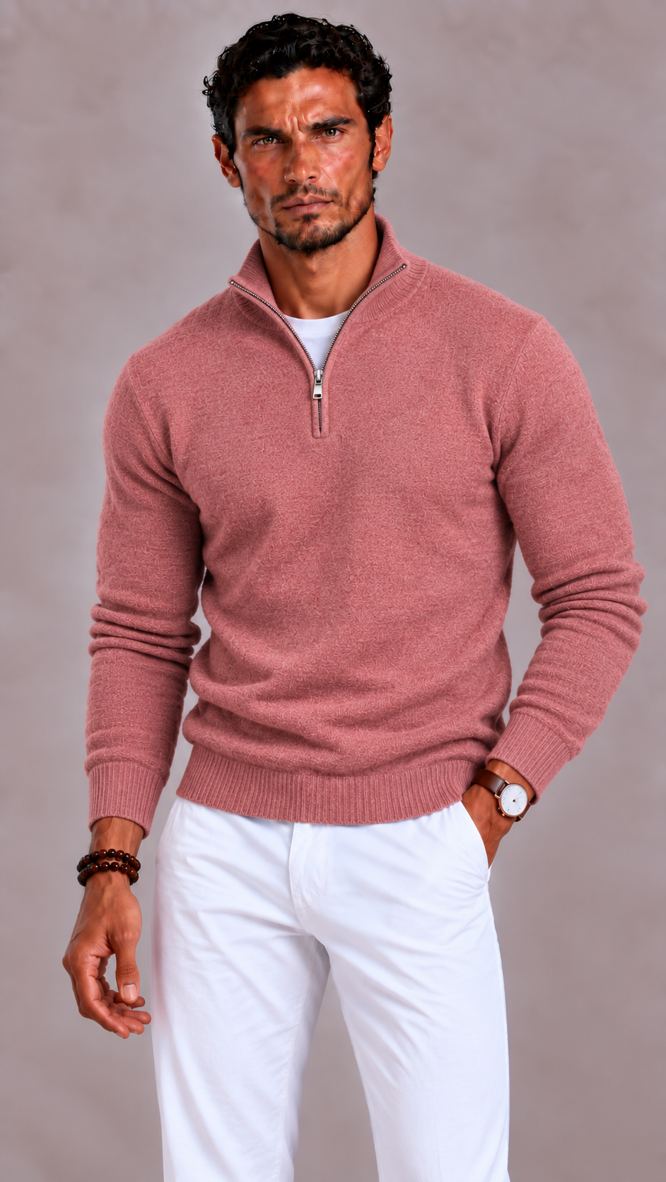 Men's Merino Wool Jumper with V-neck and Zip Closure