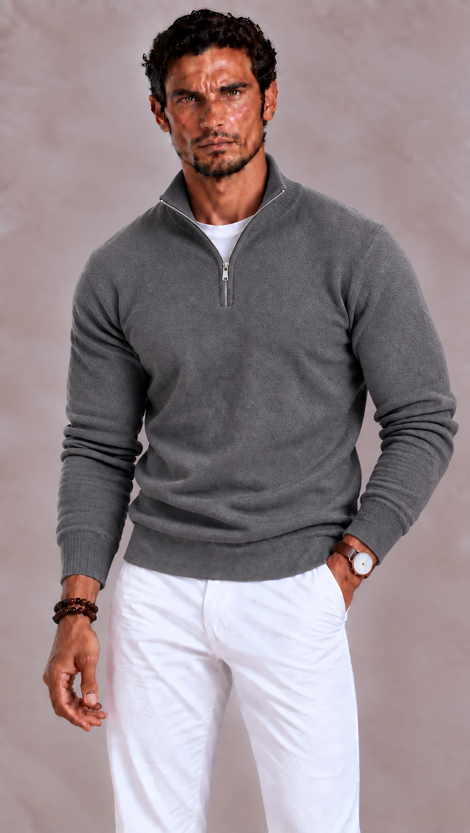 Men's Merino Wool Jumper with V-neck and Zip Closure