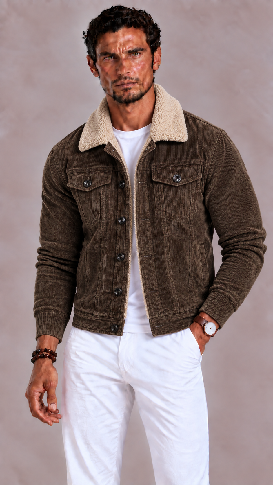 Men's Sherpa Winter Jacket with Stand-up Collar, Button Closure, and Pockets