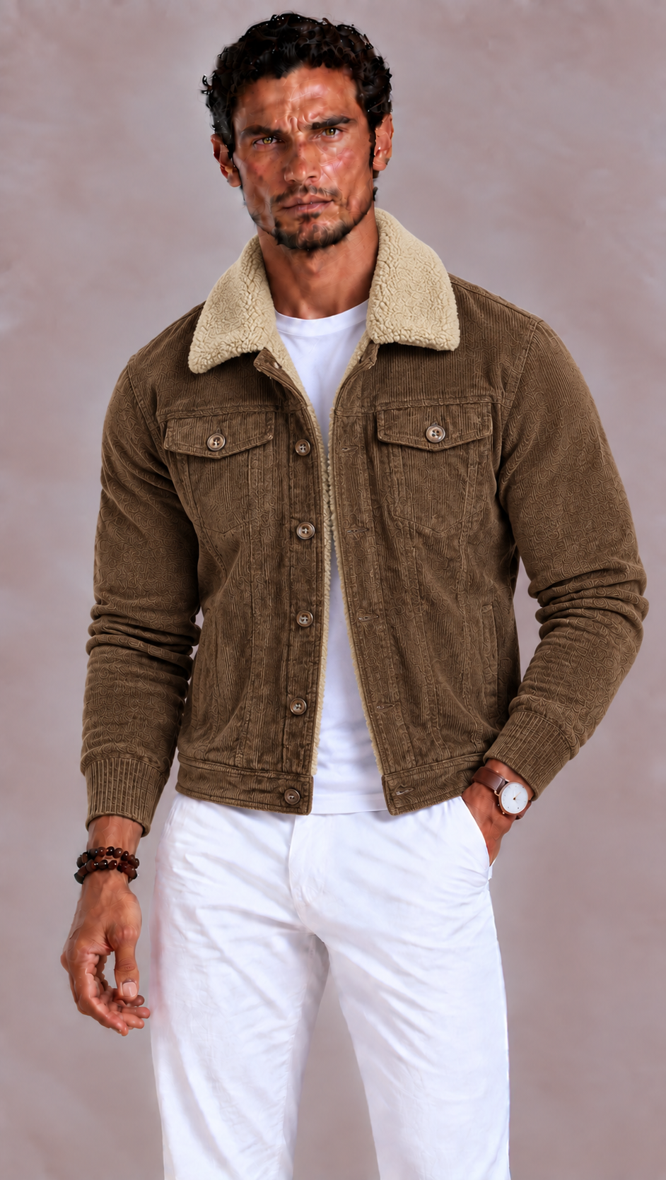Men's Sherpa Winter Jacket with Collar, Button Closure and Pockets