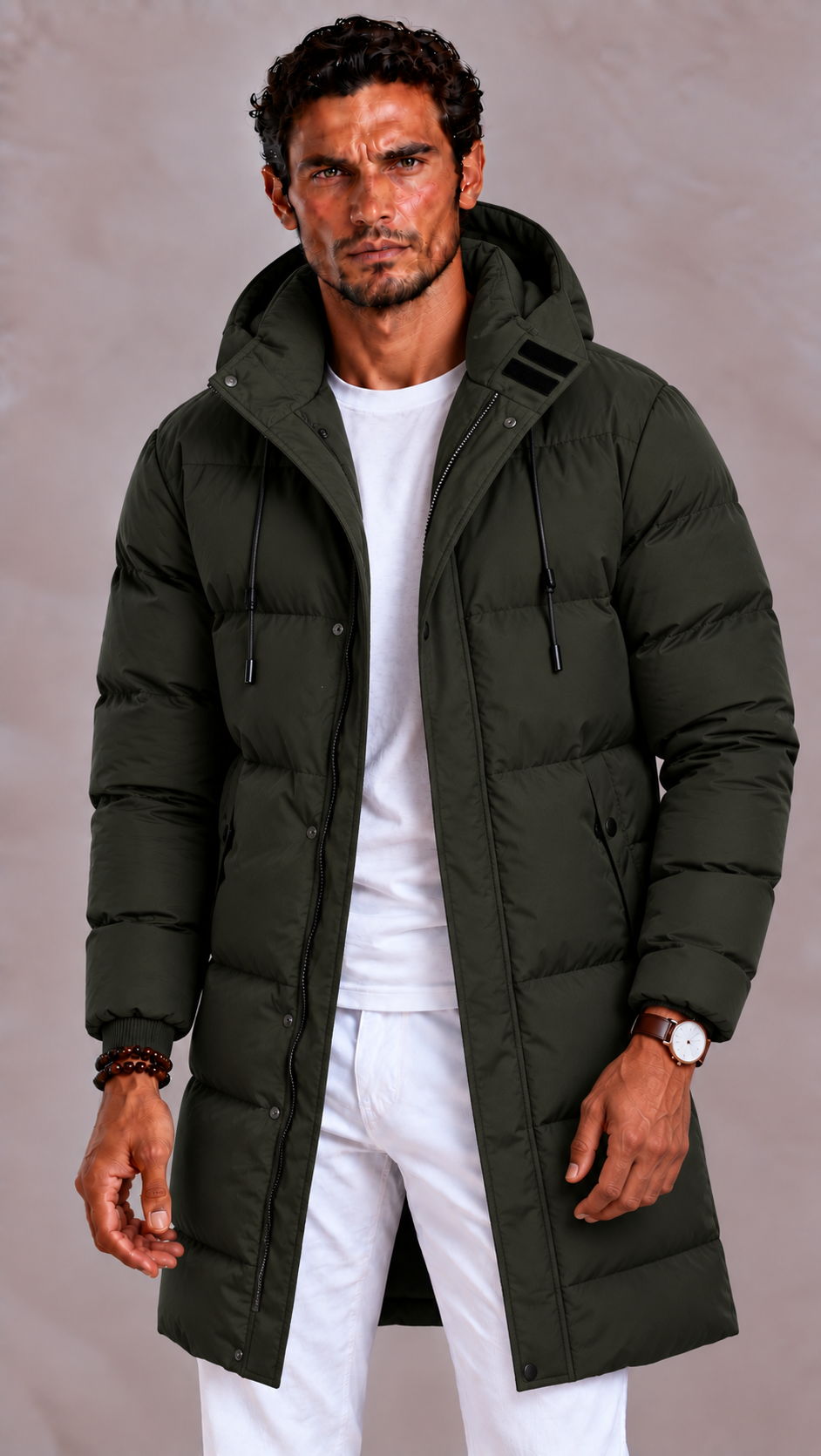 Men's Long Down Jacket with Detachable Hood and Zip Closure