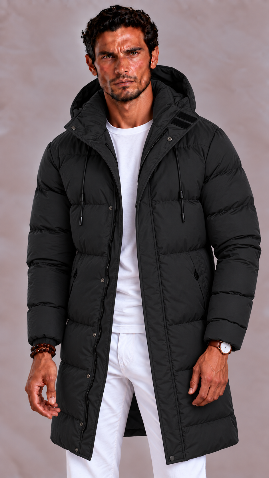 Men's long down jacket with removable hood and zipper