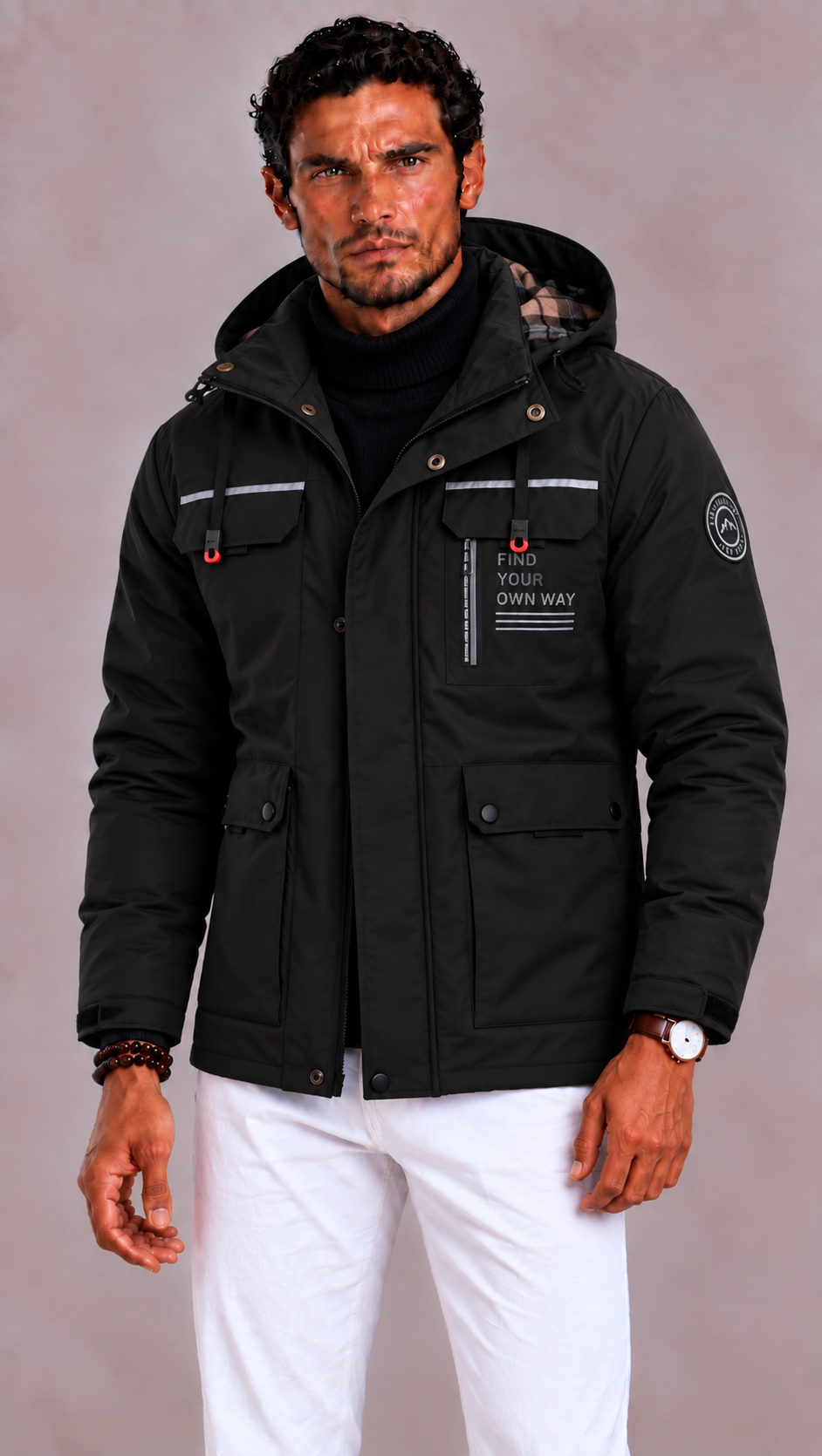 Men's Waterproof Winter Jacket with Hood and Windproof Finish