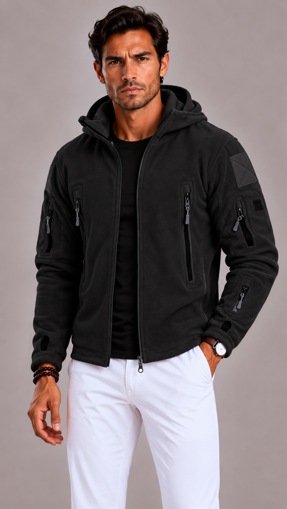 Men's Tactical Fleece Jacket with Hood and Multiple Pockets