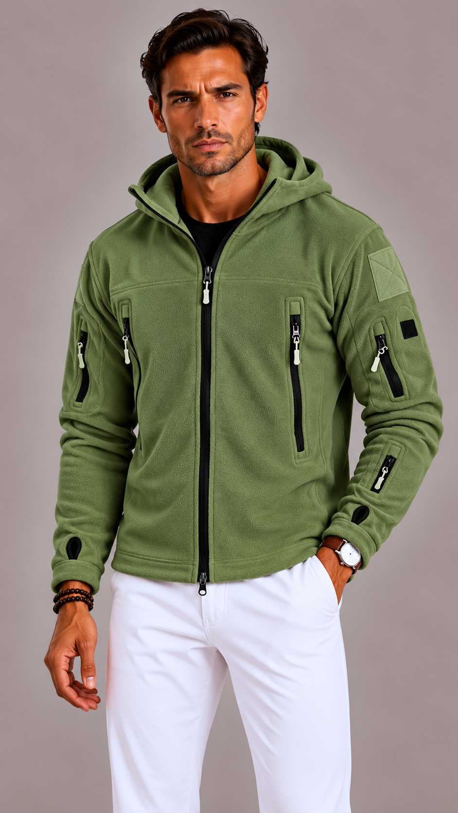 Men's Tactical Fleece Jacket with Hood and Multiple Pockets