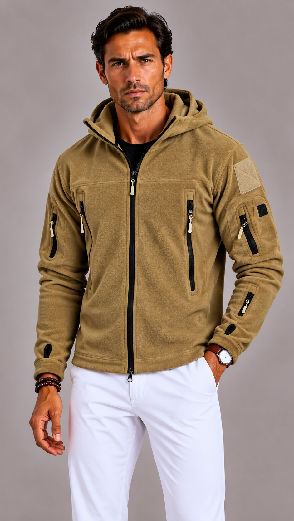 Men's Tactical Fleece Jacket with Hood and Multiple Pockets