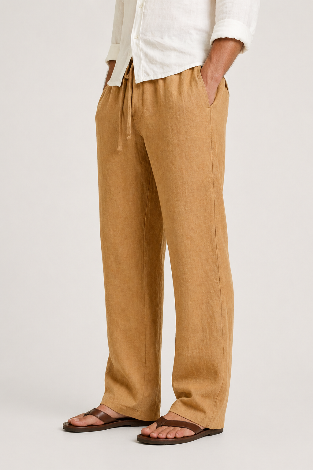 Men's Linen Look Trousers with Drawstring Comfort Fit