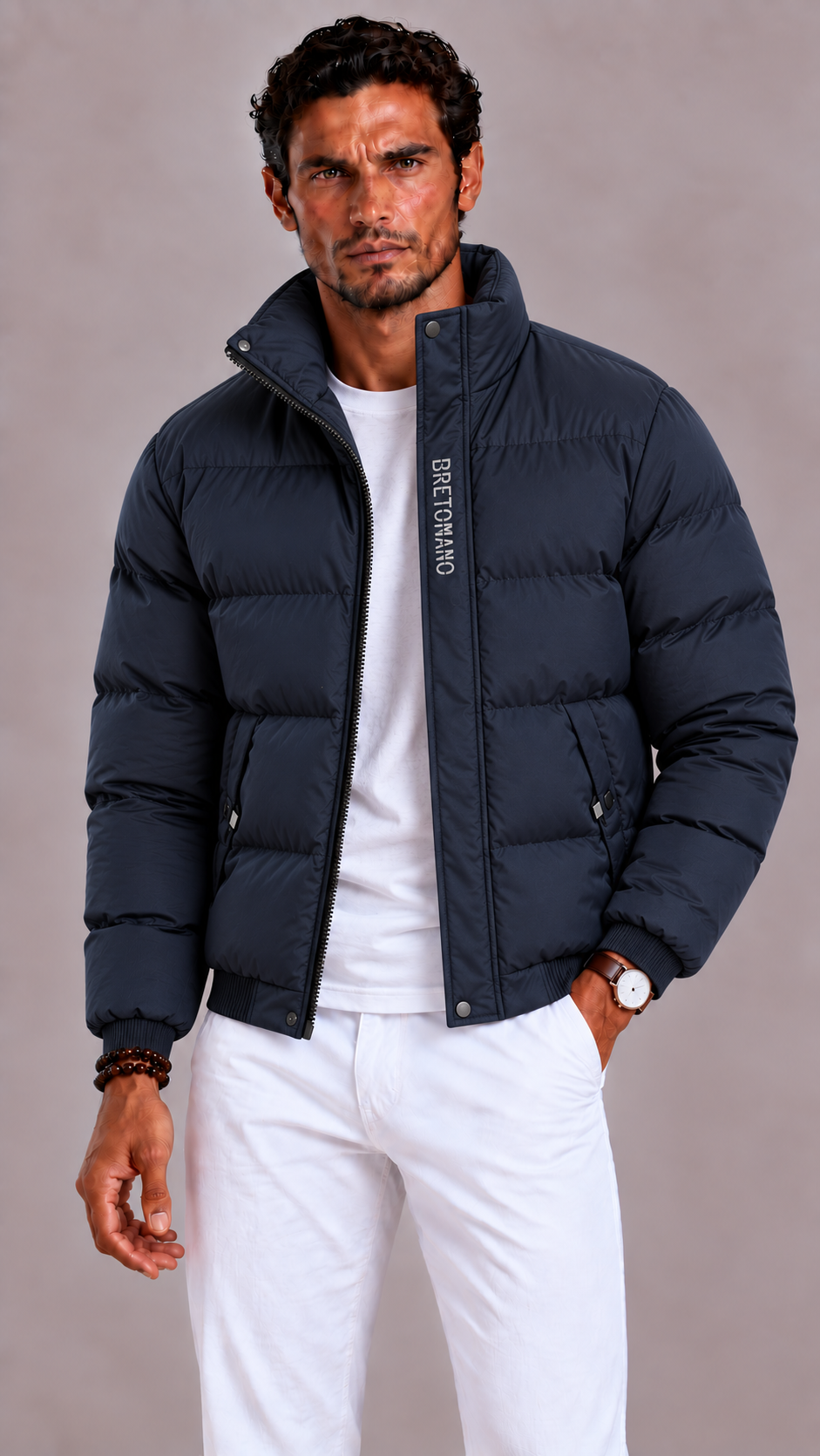 Men's Winter Jacket with High Collar, Hood and Multiple Pockets