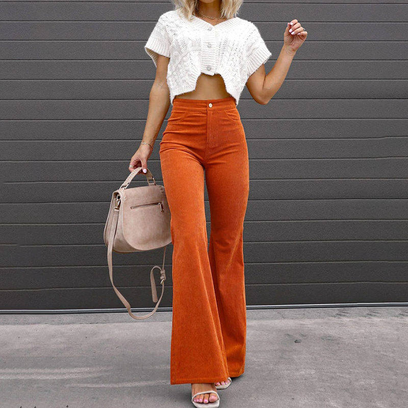 Corduroy Flared Trousers with High Waist for Women