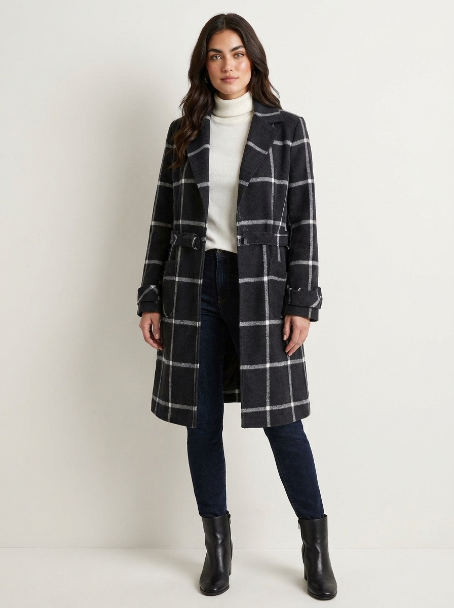 Wool Coat for Women with Check Pattern