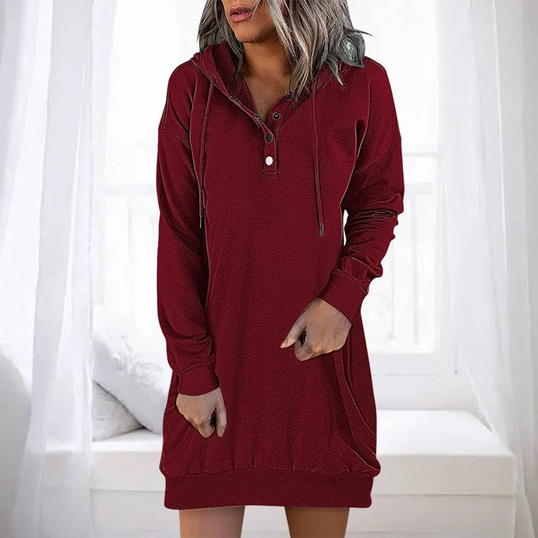 Cozy Hooded Dress Featuring Buttons and Pockets