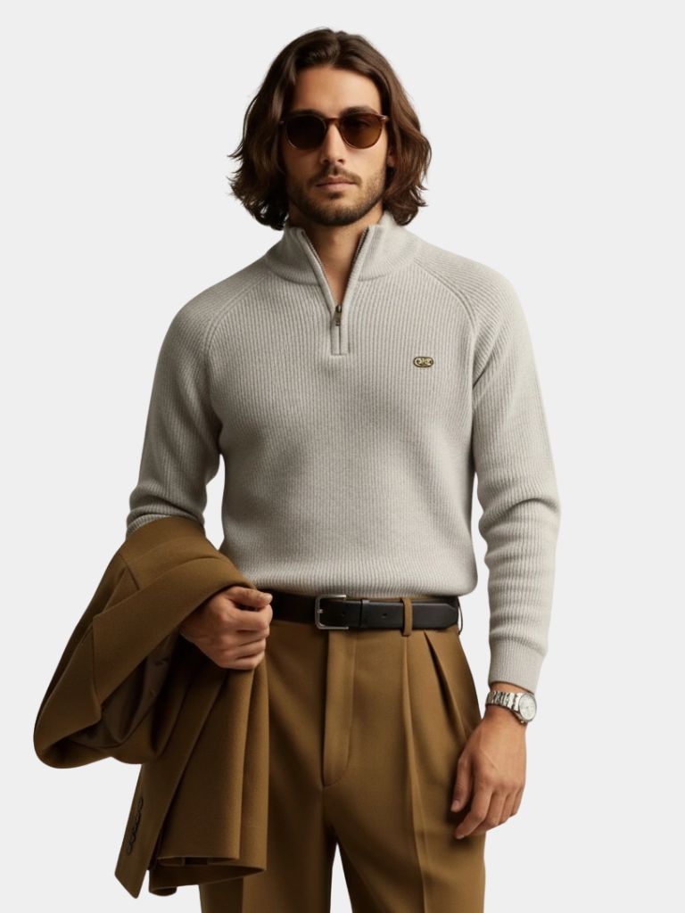 Premium Cotton Men's Quarter-Zip Sweater with Elegant Embroidery